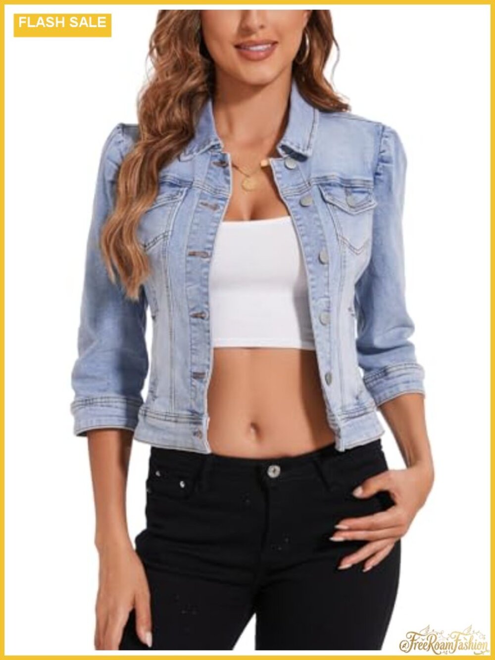 Women's Cropped Denim Jacket Stretchy 3/4 Puff Sleeve Distressed Pockets